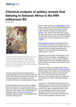 Chemical Analysis of Pottery Reveals First Dairying in Saharan Africa in the Fifth Millennium BC 20 June 2012