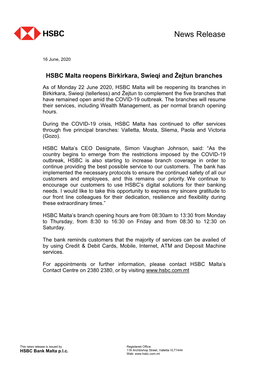 HSBC Malta Reopens Birkirkara, Swieqi and Żejtun Branches