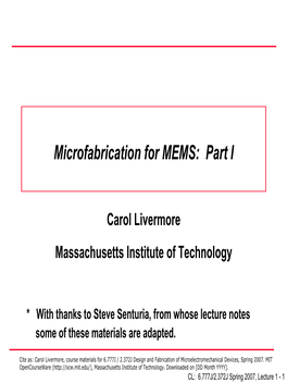 Microfabrication for MEMS: Part I
