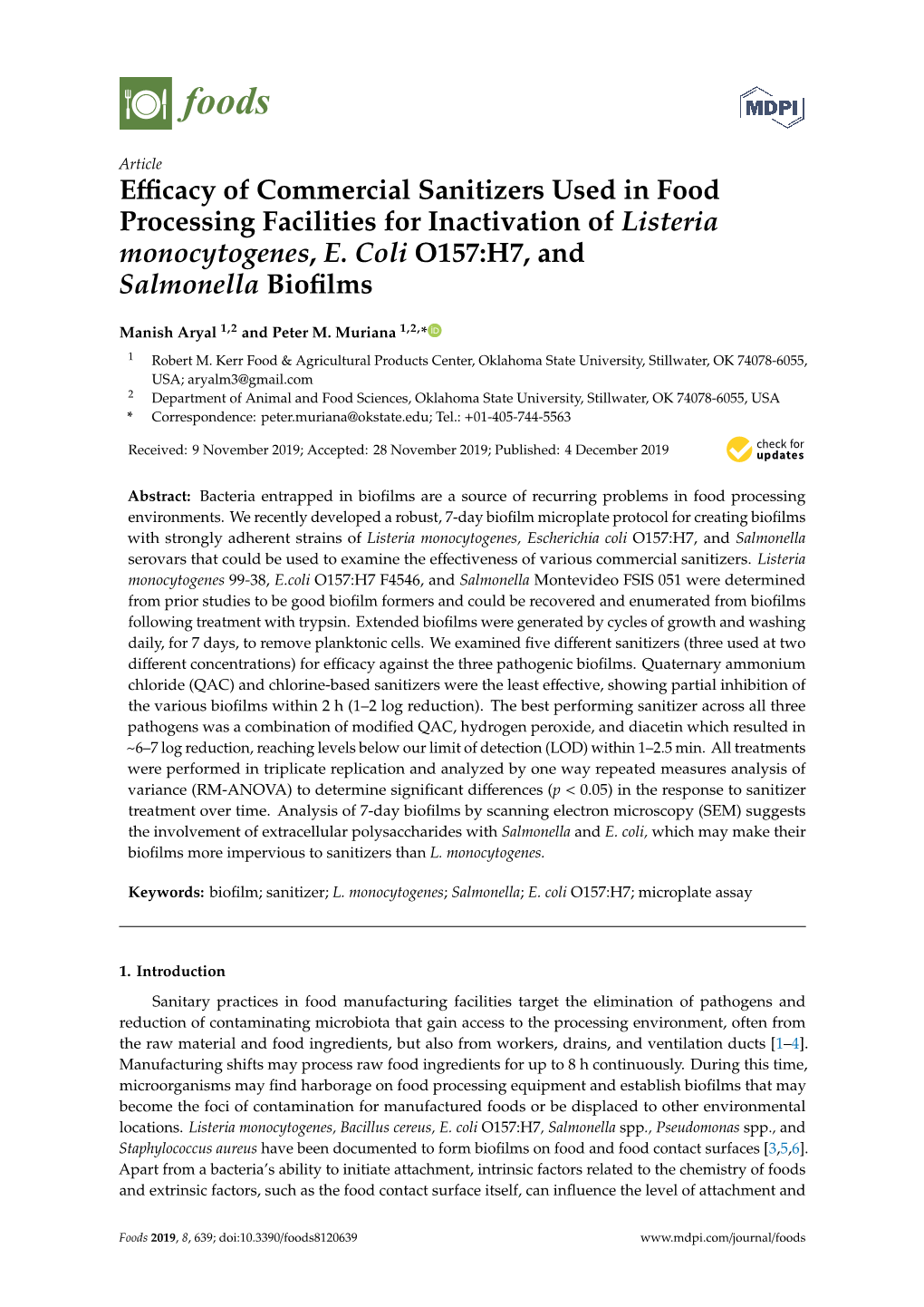 Efficacy of Commercial Sanitizers Used in Food Processing Facilities