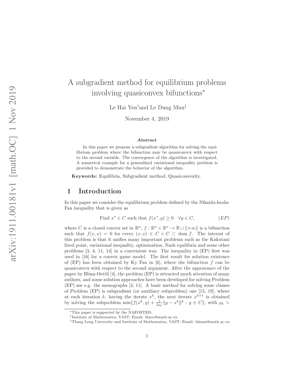 A Subgradient Method for Equilibrium Problems Involving Quasiconvex