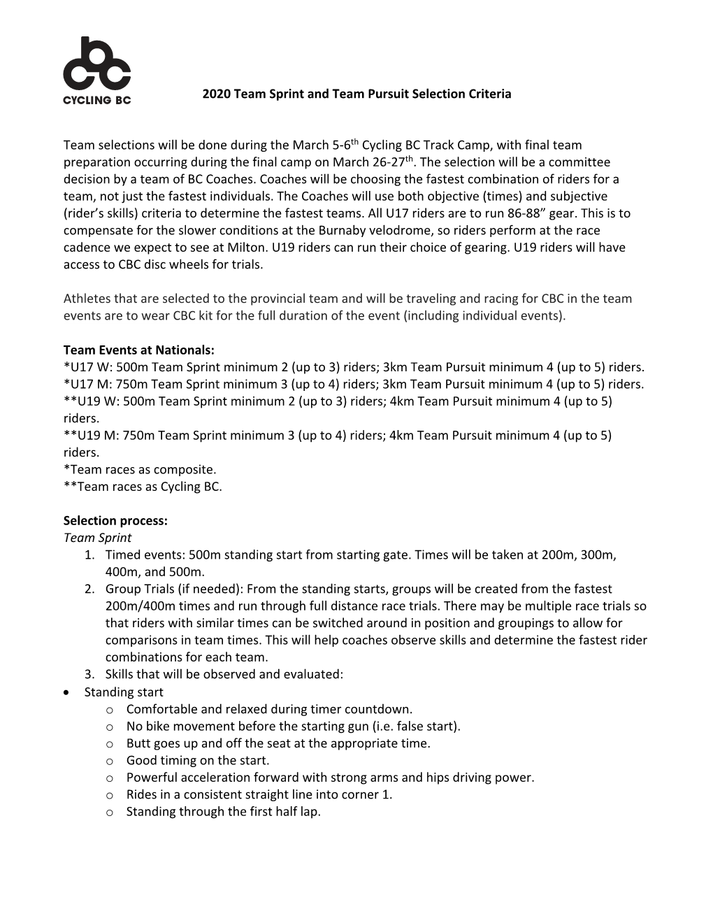 2020 Team Sprint and Team Pursuit Selection Criteria