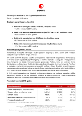 Financijski Rezultati U 2015. Godini (Revidirano) Zagreb – 22