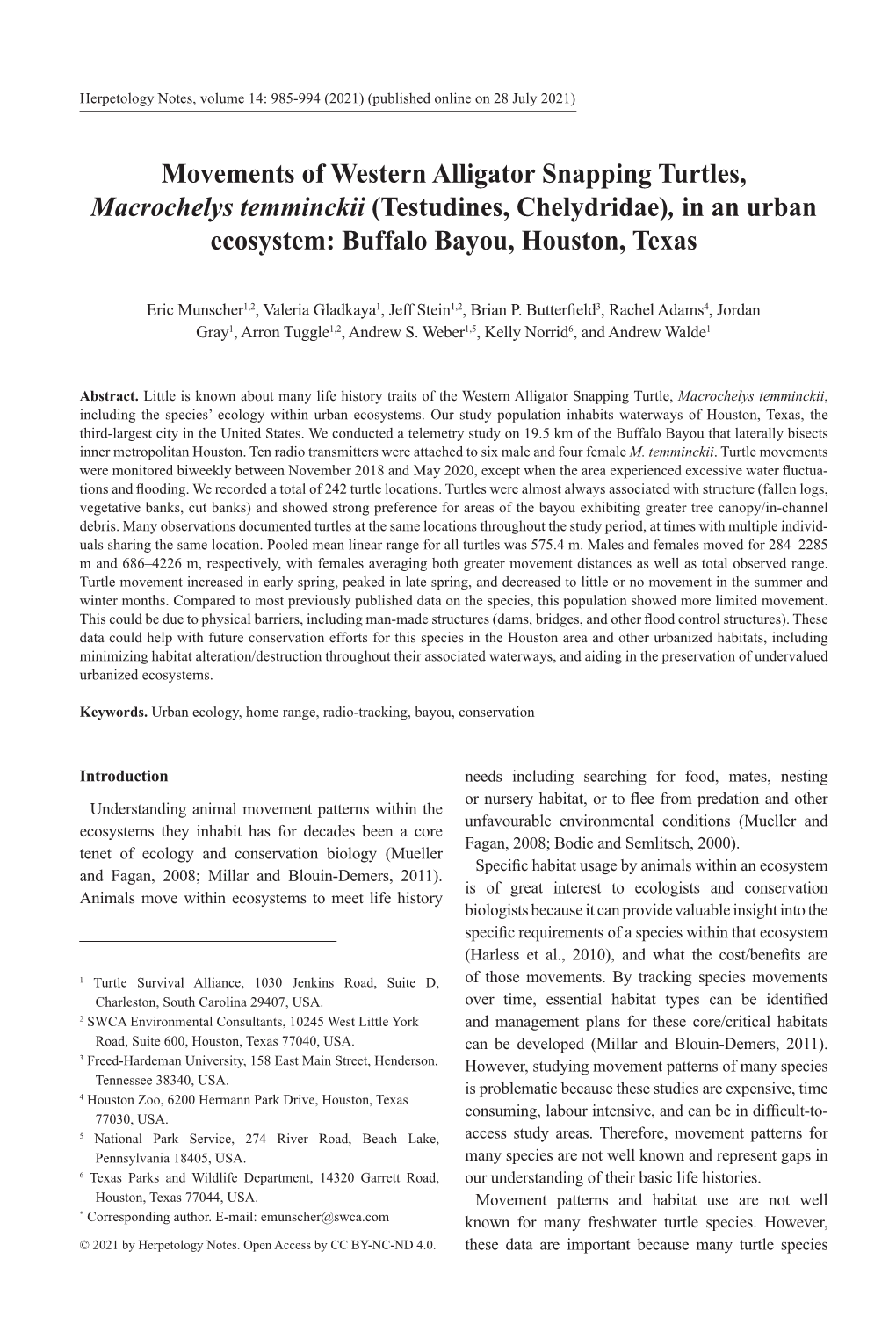 Movements of Western Alligator Snapping Turtles, Macrochelys Temminckii (Testudines, Chelydridae), in an Urban Ecosystem: Buffalo Bayou, Houston, Texas