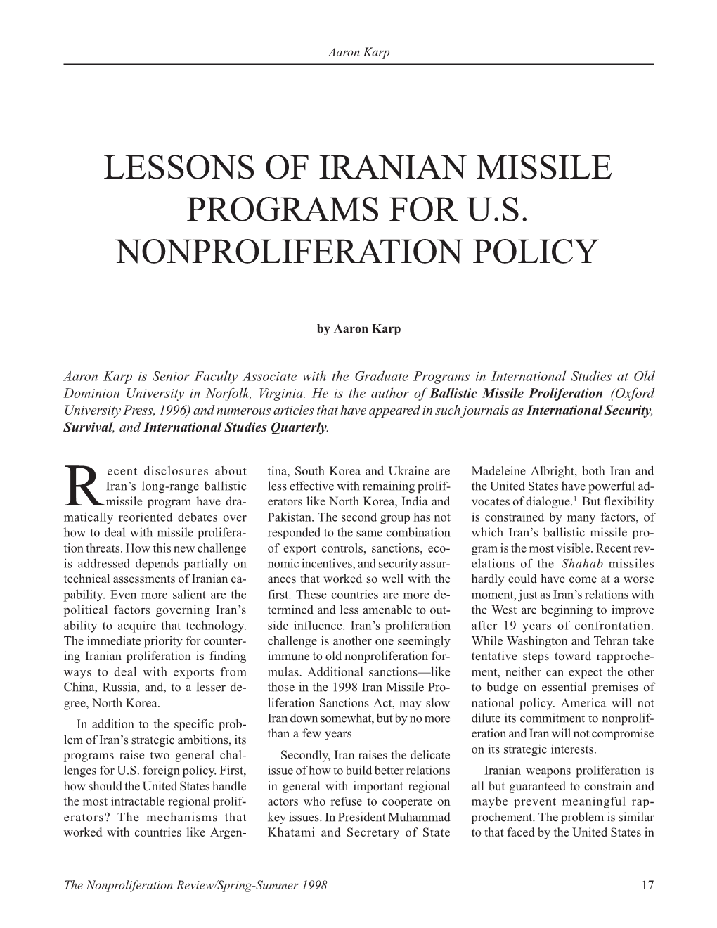 Npr 5.3: Lessons of Iranian Missile Programs for U.S. Nonproliferation Policy