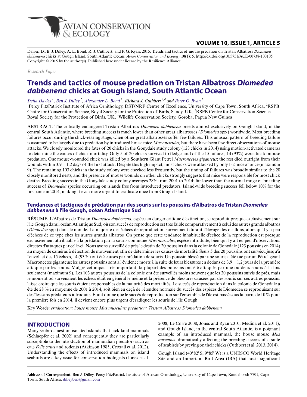 Trends and Tactics of Mouse Predation on Tristan Albatross Diomedea Dabbenena Chicks at Gough Island, South Atlantic Ocean