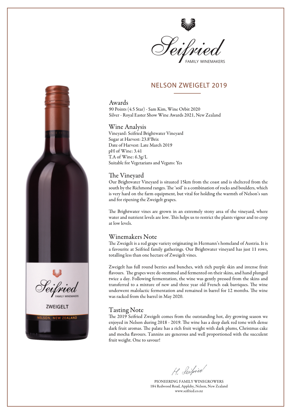 NELSON ZWEIGELT 2019 Wine Analysis Awards E Vineyard