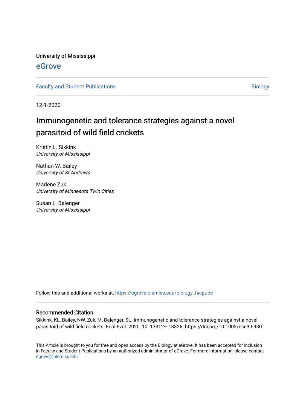 Immunogenetic and Tolerance Strategies Against a Novel Parasitoid of Wild Field Crickets