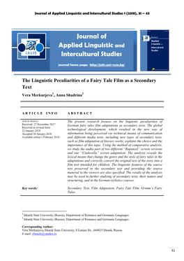 The Linguistic Peculiarities of a Fairy Tale Film As a Secondary Text Vera Merkurjeva1, Anna Shadrina2