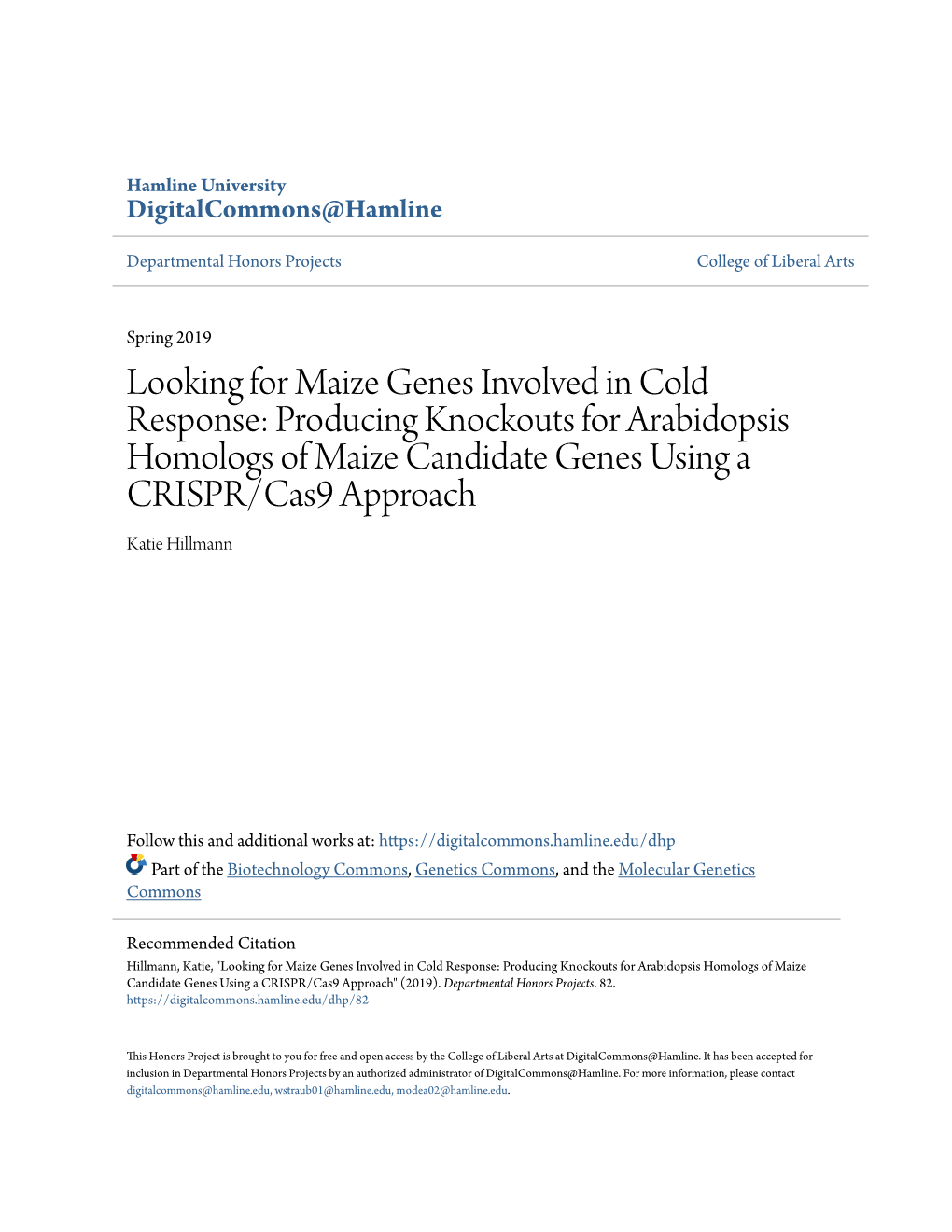 Producing Knockouts for Arabidopsis Homologs of Maize Candidate Genes Using a CRISPR/Cas9 Approach Katie Hillmann