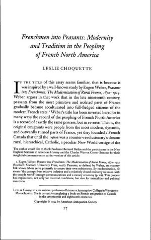 Frenchmen Into Peasants: Modernity and Tradition in the Peopling of French North America