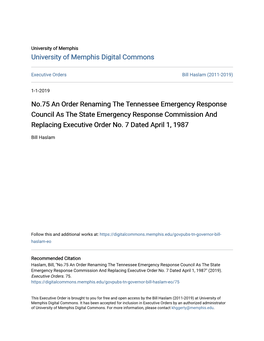 No.75 an Order Renaming the Tennessee Emergency Response Council As the State Emergency Response Commission and Replacing Executive Order No