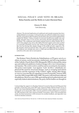 SOCIAL POLICY and VOTE in BRAZIL Bolsa Família and the Shifts in Lula's Electoral Base Simone R. Bohn