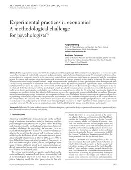 Experimental Practices in Economics: a Methodological Challenge for Psychologists?