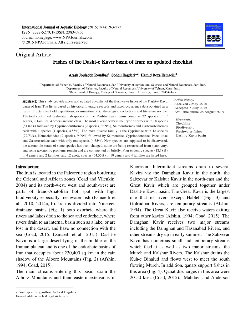 Original Article Fishes of the Dasht-E Kavir Basin of Iran: an Updated Checklist