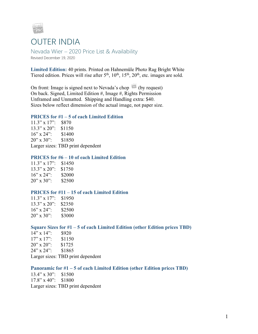 OUTER INDIA Nevada Wier – 2020 Price List & Availability Revised December 19, 2020