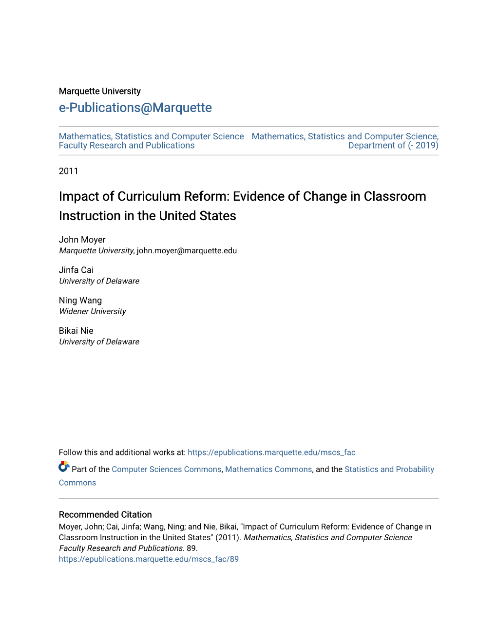 Impact of Curriculum Reform: Evidence of Change in Classroom Instruction in the United States