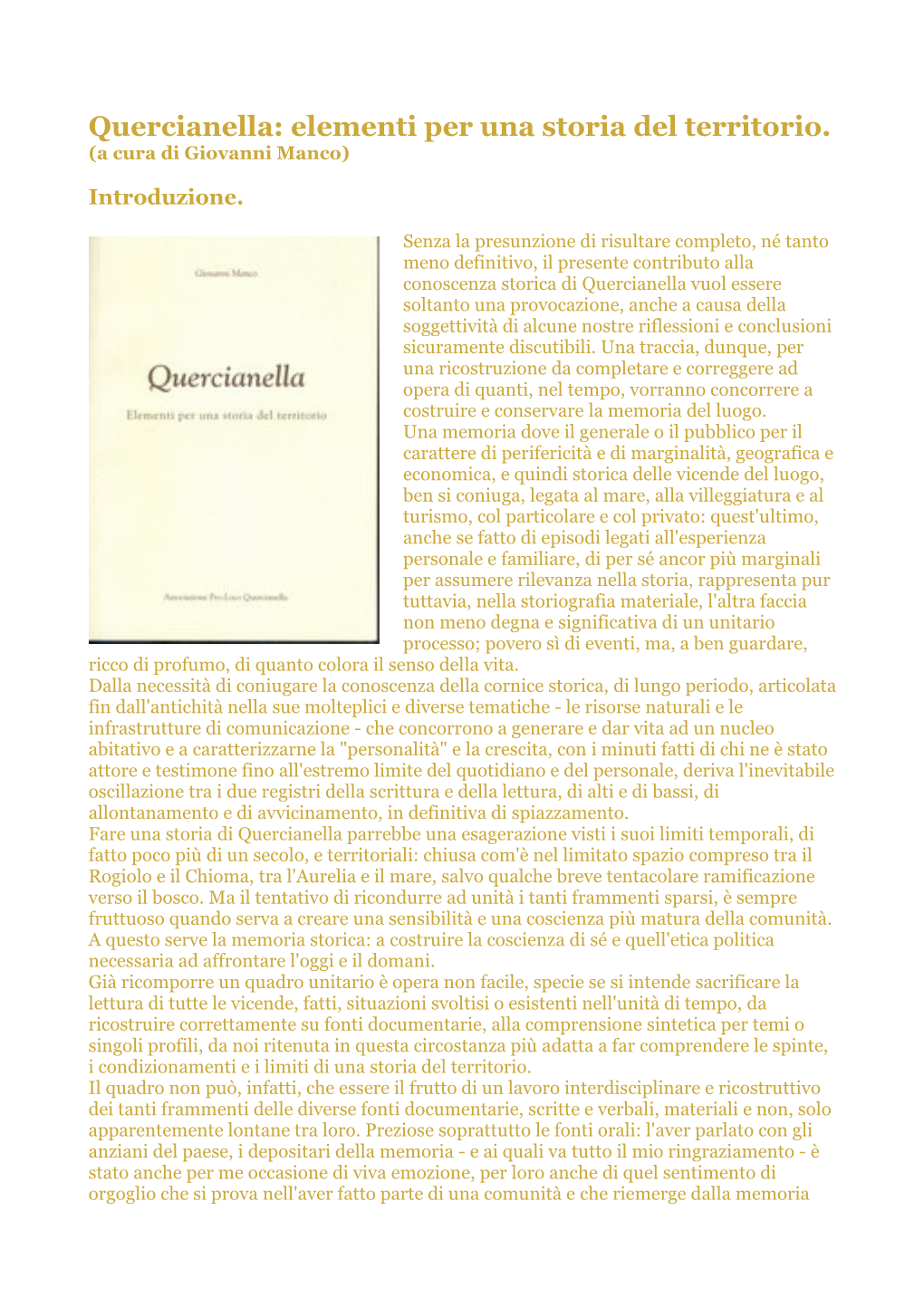 Quercianella: Elementi Per Una Storia Del Territorio. (A Cura Di Giovanni Manco)