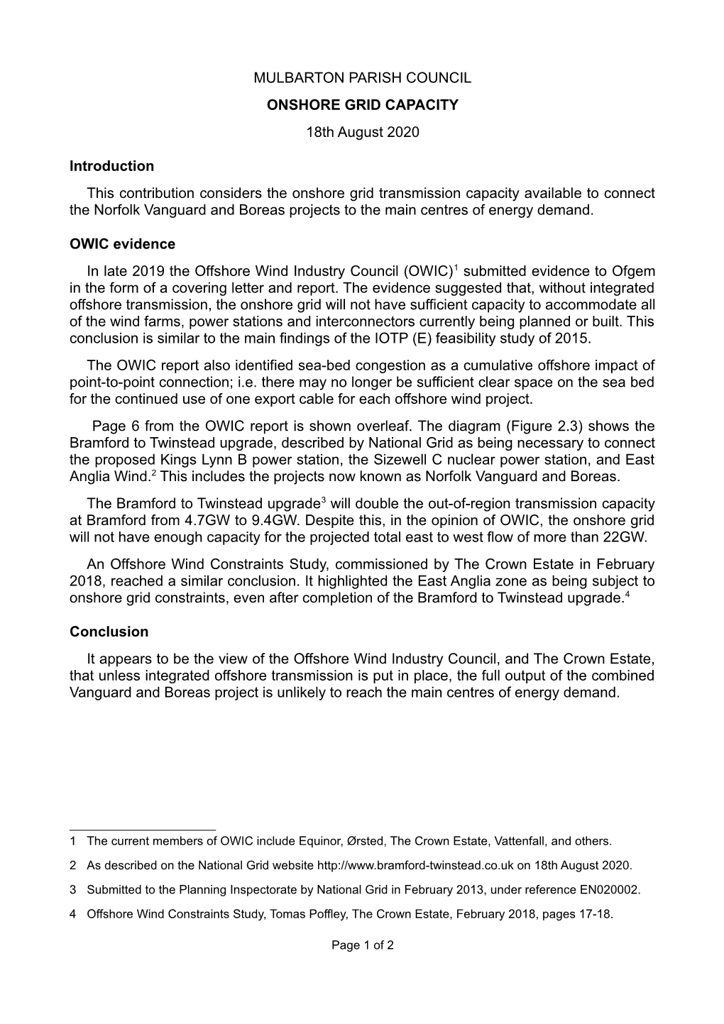 MULBARTON PARISH COUNCIL ONSHORE GRID CAPACITY 18Th August 2020 Introduction This Contribution Considers the Onshore Grid Transm