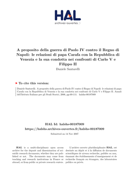 A Proposito Della Guerra Di Paolo IV Contro Il Regno Di Napoli: Le