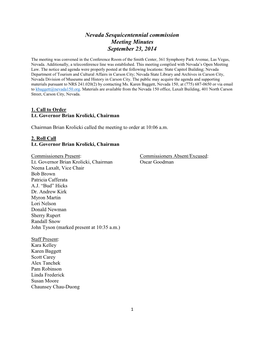 Nevada Sesquicentennial Commission Meeting Minutes September 23, 2014