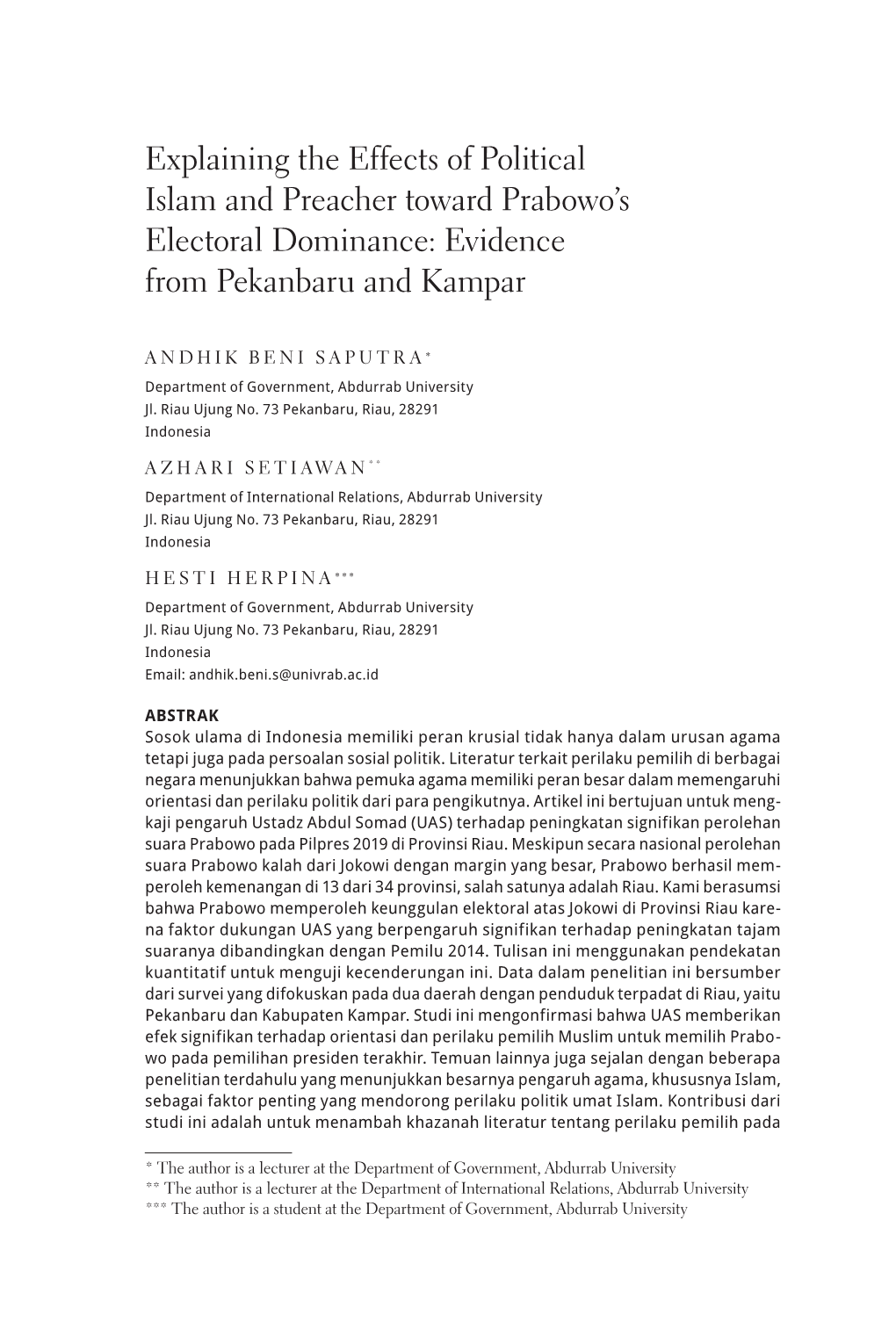 Explaining the Effects of Political Islam and Preacher Toward Prabowo's Electoral Dominance