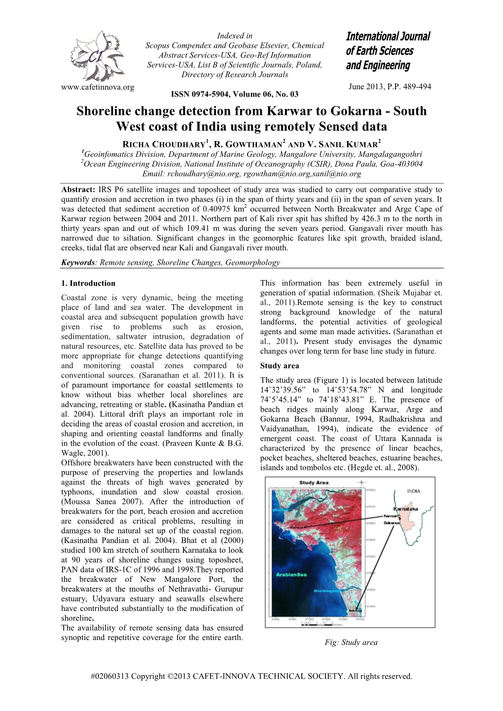 Shoreline Change Detection from Karwar to Gokarna - South West Coast of India Using Remotely Sensed Data