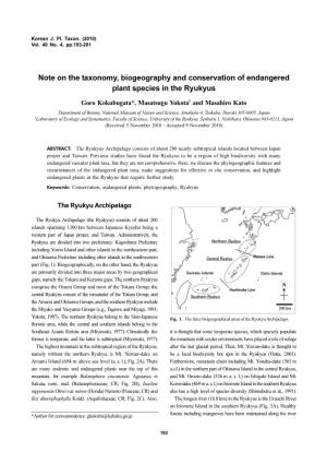 Note on the Taxonomy, Biogeography and Conservation of Endangered Plant Species in the Ryukyus