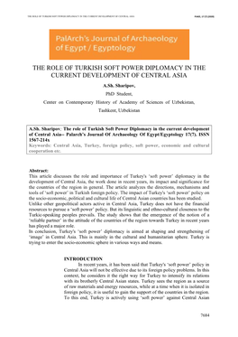 The Role of Turkish Soft Power Diplomacy in the Current Development of Central Asia Pjaee, 17 (7) (2020)