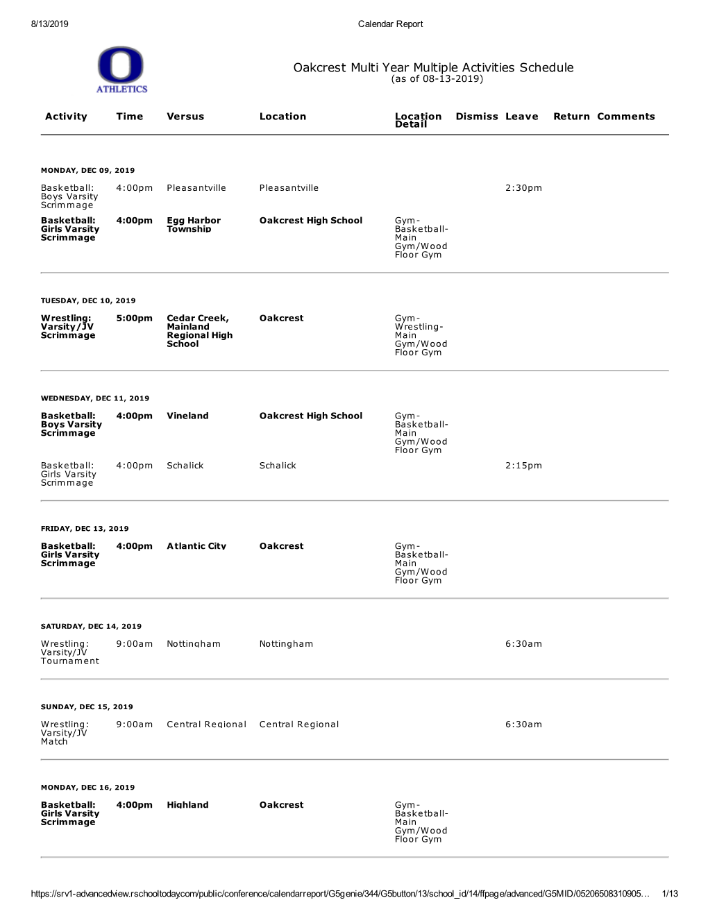 Oakcrest Multi Year Multiple Activities Schedule (As of 08-13-2019)