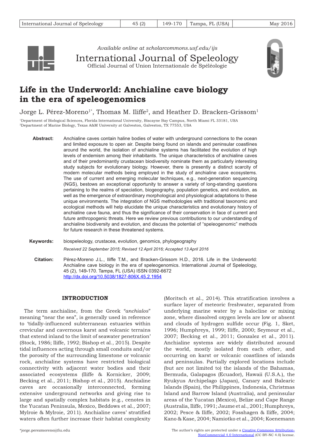 Anchialine Cave Biology in the Era of Speleogenomics Jorge L