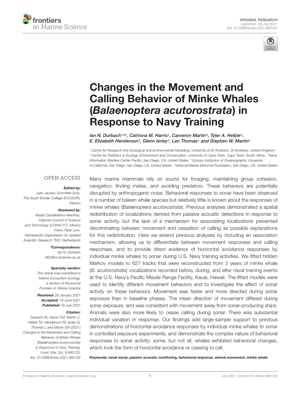 Changes in the Movement and Calling Behavior of Minke Whales (Balaenoptera Acutorostrata) in Response to Navy Training