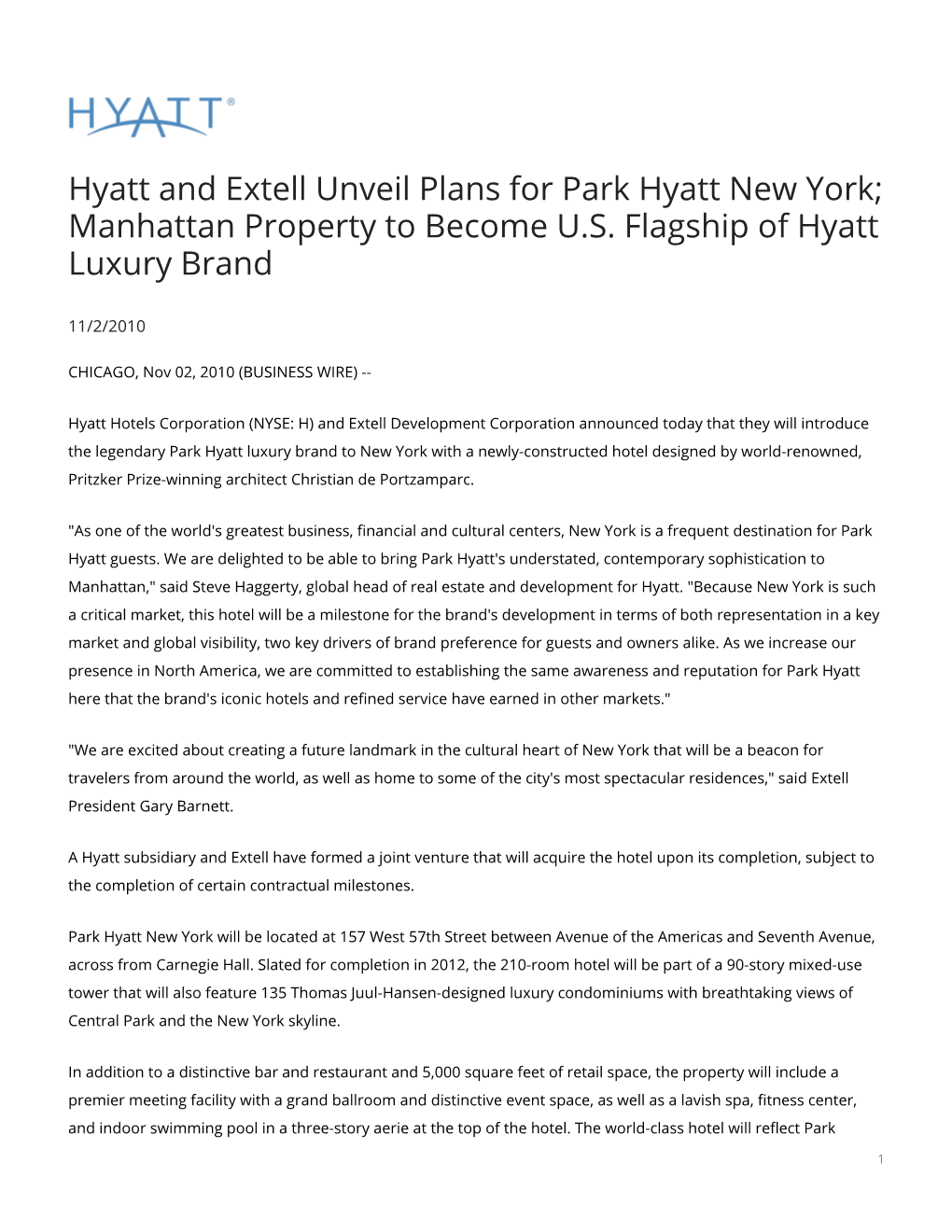 Hyatt and Extell Unveil Plans for Park Hyatt New York; Manhattan Property to Become U.S