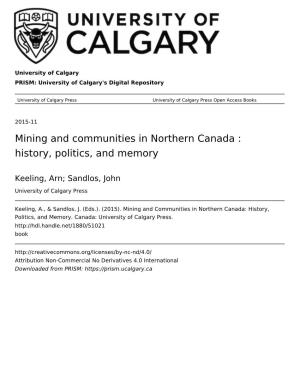Mining and Communities in Northern Canada : History, Politics, and Memory