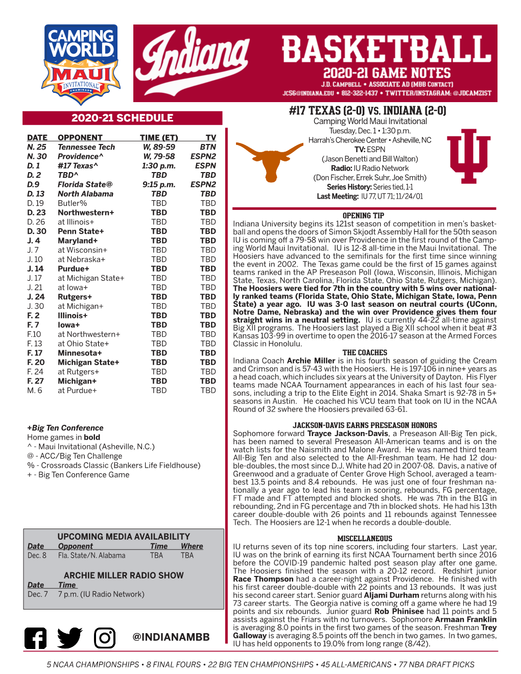 17 TEXAS (2-0) Vs. INDIANA (2-0) 2020-21 SCHEDULE Camping World Maui Invitational Tuesday, Dec