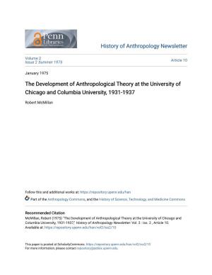 The Development of Anthropological Theory at the University of Chicago and Columbia University, 1931-1937