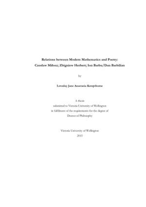 Relations Between Modern Mathematics and Poetry: Czesław Miłosz; Zbigniew Herbert; Ion Barbu/Dan Barbilian