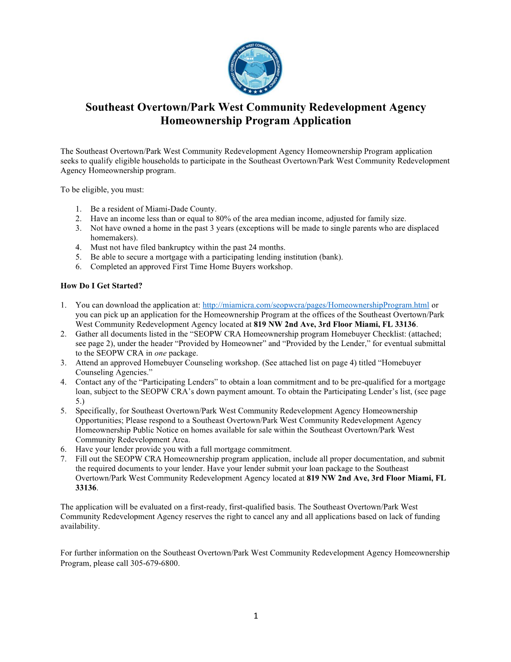 Southeast Overtown/Park West Community Redevelopment Agency Homeownership Program Application