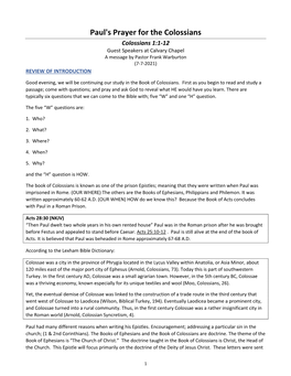 Paul's Prayer for the Colossians Colossians 1:1-12 Guest Speakers at Calvary Chapel a Message by Pastor Frank Warburton (7-7-2021) REVIEW of INTRODUCTION