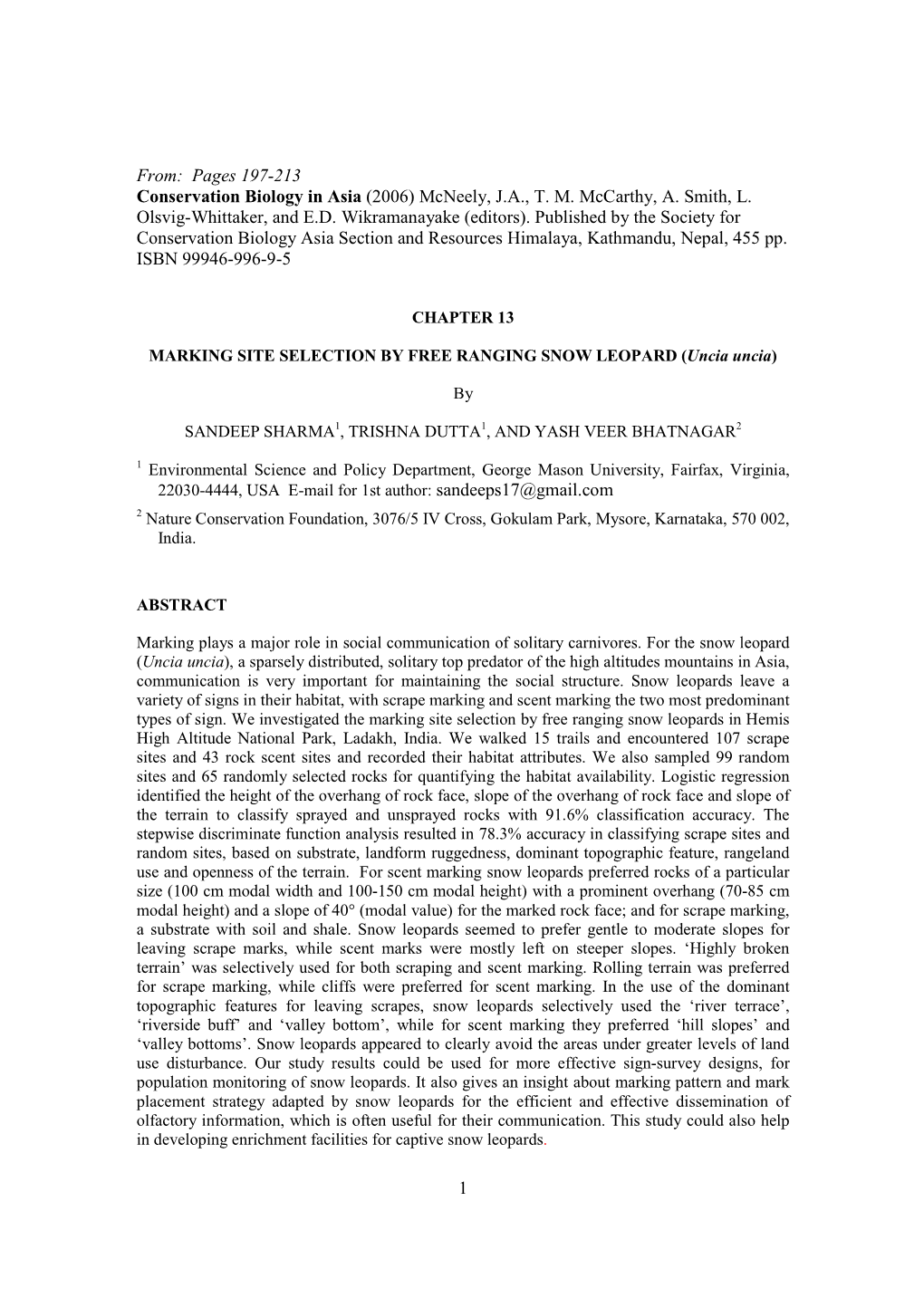 Chapter 13: Marking Site Selection by Free Ranging Snow Leopard