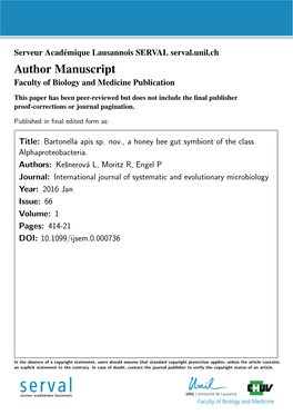 Bartonella Apis Sp. Nov., a Honey Bee Gut Symbiont of the Class Alphaproteobacteria