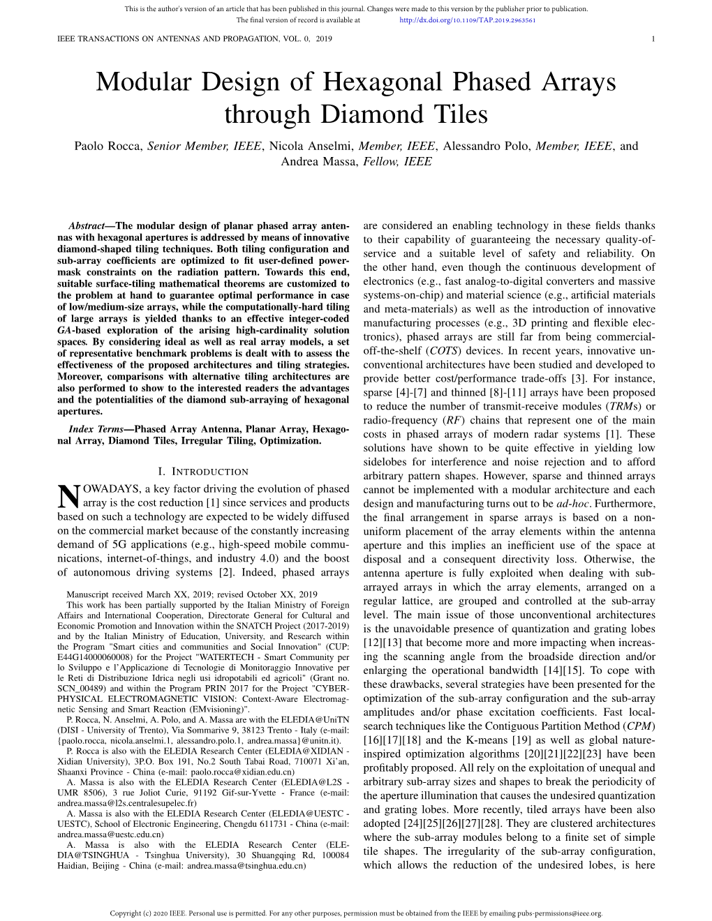 Modular Design of Hexagonal Phased Arrays Through Diamond Tiles