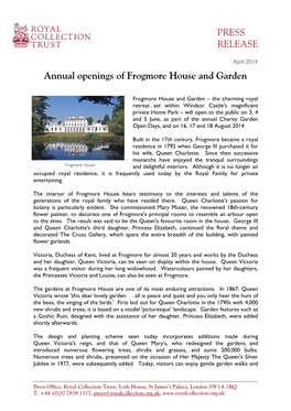 PRESS RELEASE Annual Openings of Frogmore House and Garden