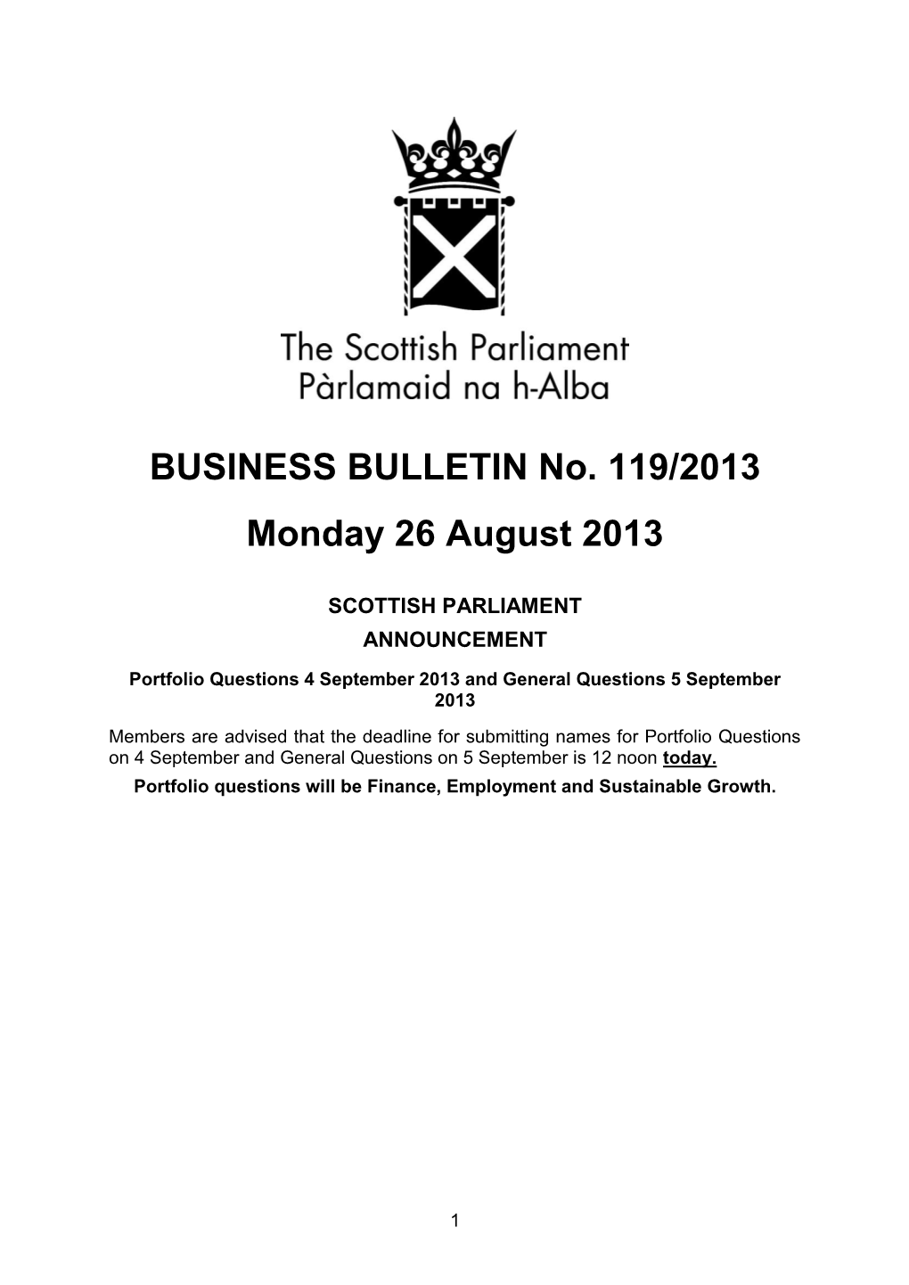 BUSINESS BULLETIN No. 119/2013 Monday 26 August 2013