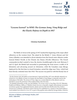 The German Army, Vimy Ridge and the Elastic Defence in Depth in 1917