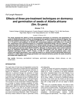 Effects of Three Pre-Treatment Techniques on Dormancy and Germination of Seeds of Afzelia Africana (Sm