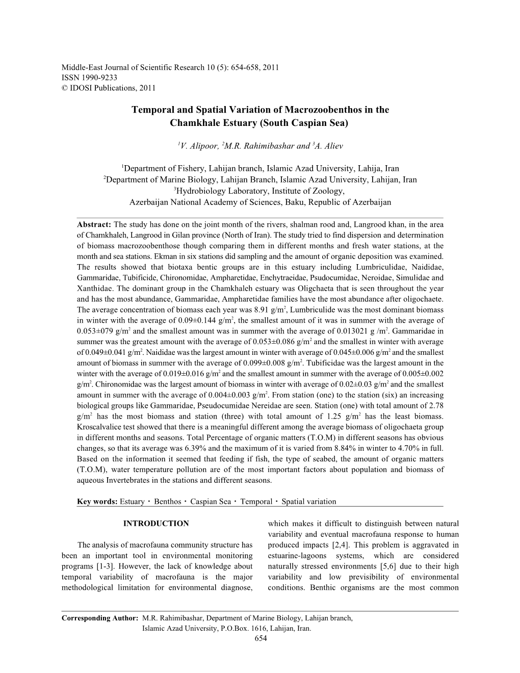 Temporal and Spatial Variation of Macrozoobenthos in the Chamkhale Estuary (South Caspian Sea)