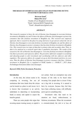 THE ROLES of OTORITAS JASA KEUANGAN to OVERCOME FICTIVE INVESTMENT BENGKULU CITY Herawan Sauni Dimas Dwi Arso Faculty of Law