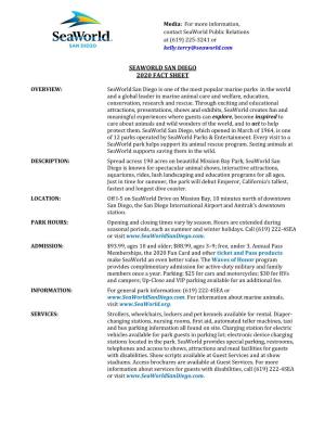 Seaworld San Diego 2020 Fact Sheet