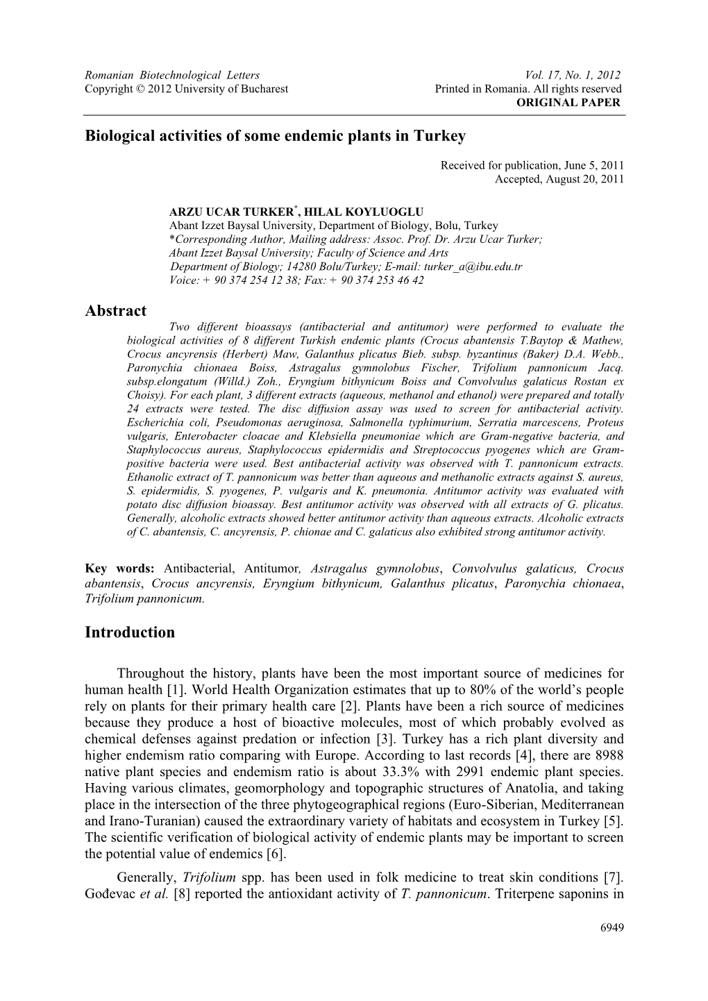 Biological Activities of Some Endemic Plants in Turkey